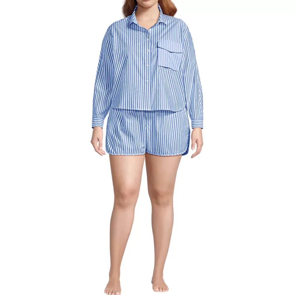 Women's Cotton Poplin 2 Piece Pajama Set - Long Sleeve Top and Shorts with Piping