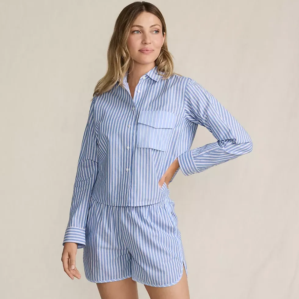 Women's Cotton Poplin 2 Piece Pajama Set - Long Sleeve Top and Shorts with Piping