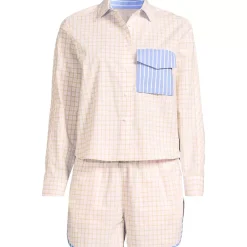 Women's Cotton Poplin 2 Piece Pajama Set - Long Sleeve Top and Shorts with Piping