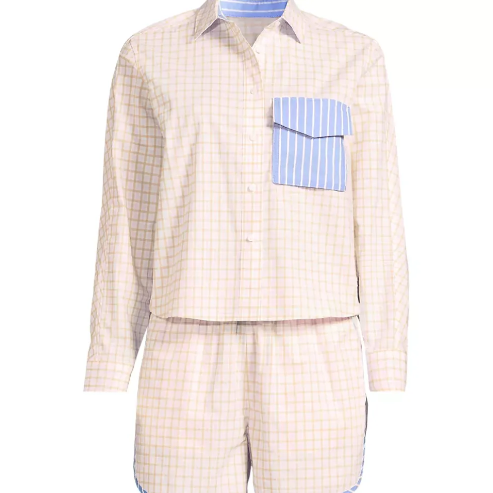Women's Cotton Poplin 2 Piece Pajama Set - Long Sleeve Top and Shorts with Piping