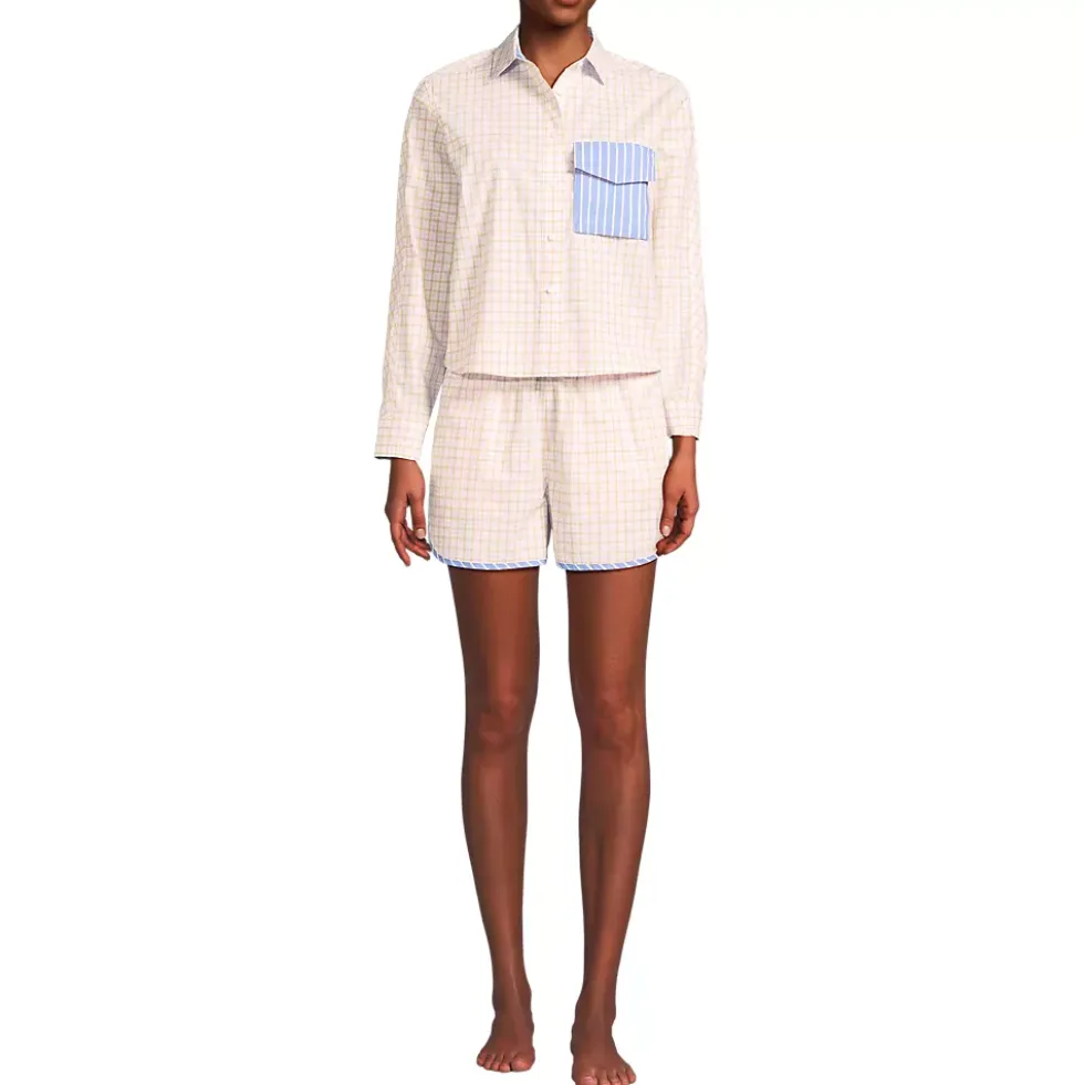 Women's Cotton Poplin 2 Piece Pajama Set - Long Sleeve Top and Shorts with Piping