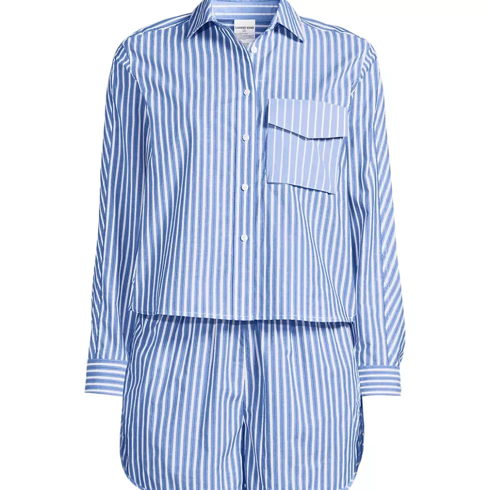 Women's Cotton Poplin 2 Piece Pajama Set - Long Sleeve Top and Shorts with Piping