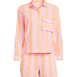 Women's Cotton Poplin 2 Piece Pajama Set - Long Sleeve Top and Shorts with Piping