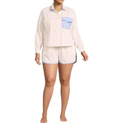 Women's Cotton Poplin 2 Piece Pajama Set - Long Sleeve Top and Shorts with Piping