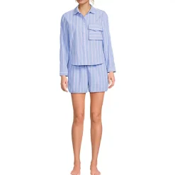 Women's Cotton Poplin 2 Piece Pajama Set - Long Sleeve Top and Shorts with Piping