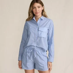 Women's Cotton Poplin 2 Piece Pajama Set - Long Sleeve Top and Shorts with Piping