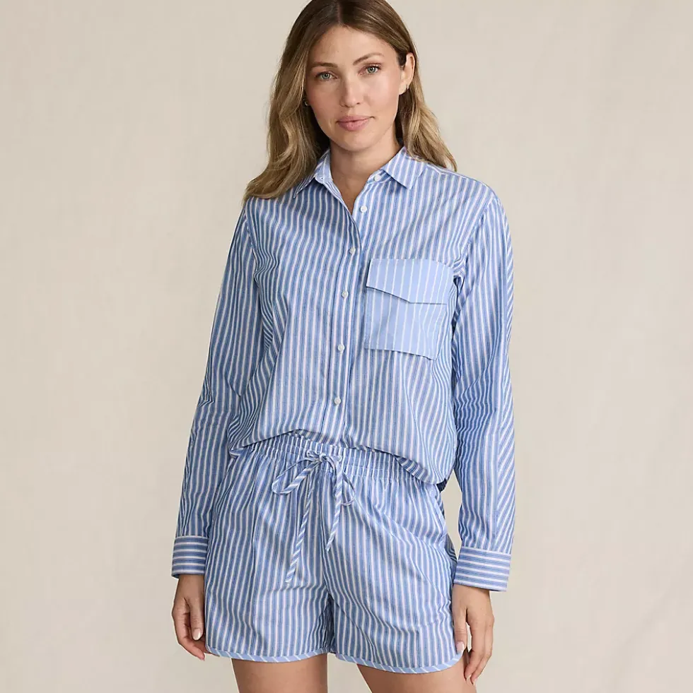 Women's Cotton Poplin 2 Piece Pajama Set - Long Sleeve Top and Shorts with Piping