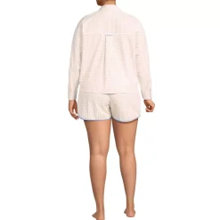Women's Cotton Poplin 2 Piece Pajama Set - Long Sleeve Top and Shorts with Piping