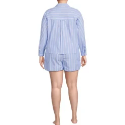 Women's Cotton Poplin 2 Piece Pajama Set - Long Sleeve Top and Shorts with Piping