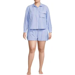 Women's Cotton Poplin 2 Piece Pajama Set - Long Sleeve Top and Shorts with Piping