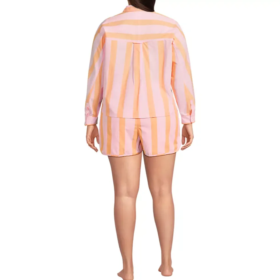 Women's Cotton Poplin 2 Piece Pajama Set - Long Sleeve Top and Shorts with Piping