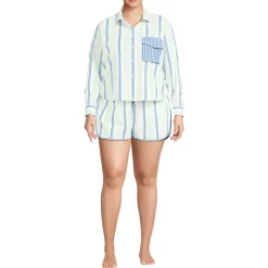 Women's Cotton Poplin 2 Piece Pajama Set - Long Sleeve Top and Shorts with Piping