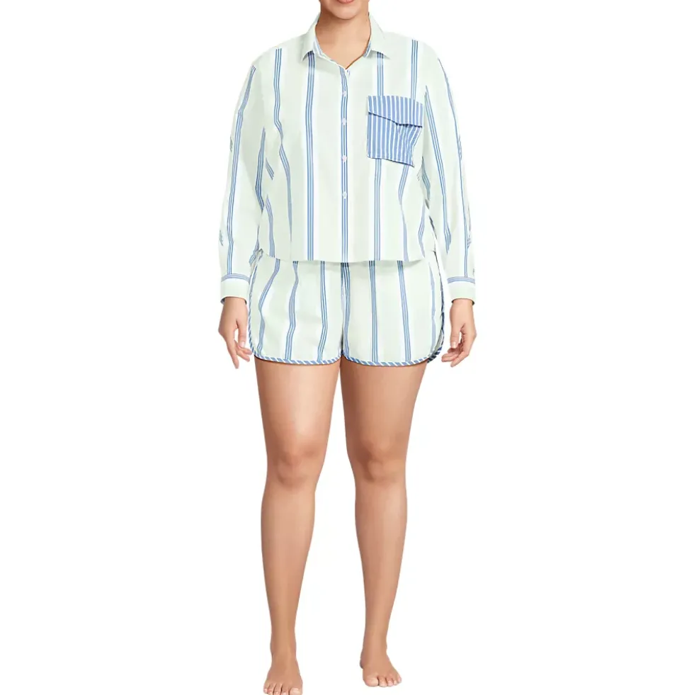 Women's Cotton Poplin 2 Piece Pajama Set - Long Sleeve Top and Shorts with Piping