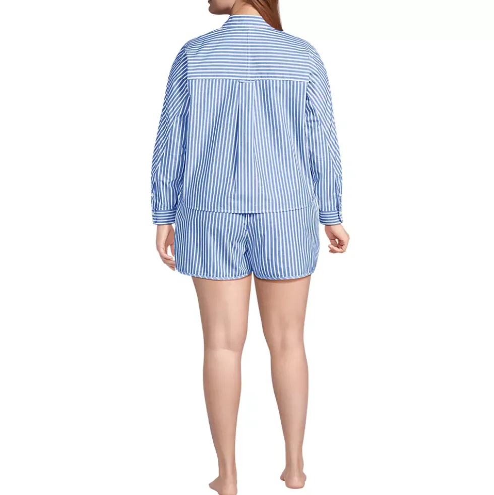 Women's Cotton Poplin 2 Piece Pajama Set - Long Sleeve Top and Shorts with Piping