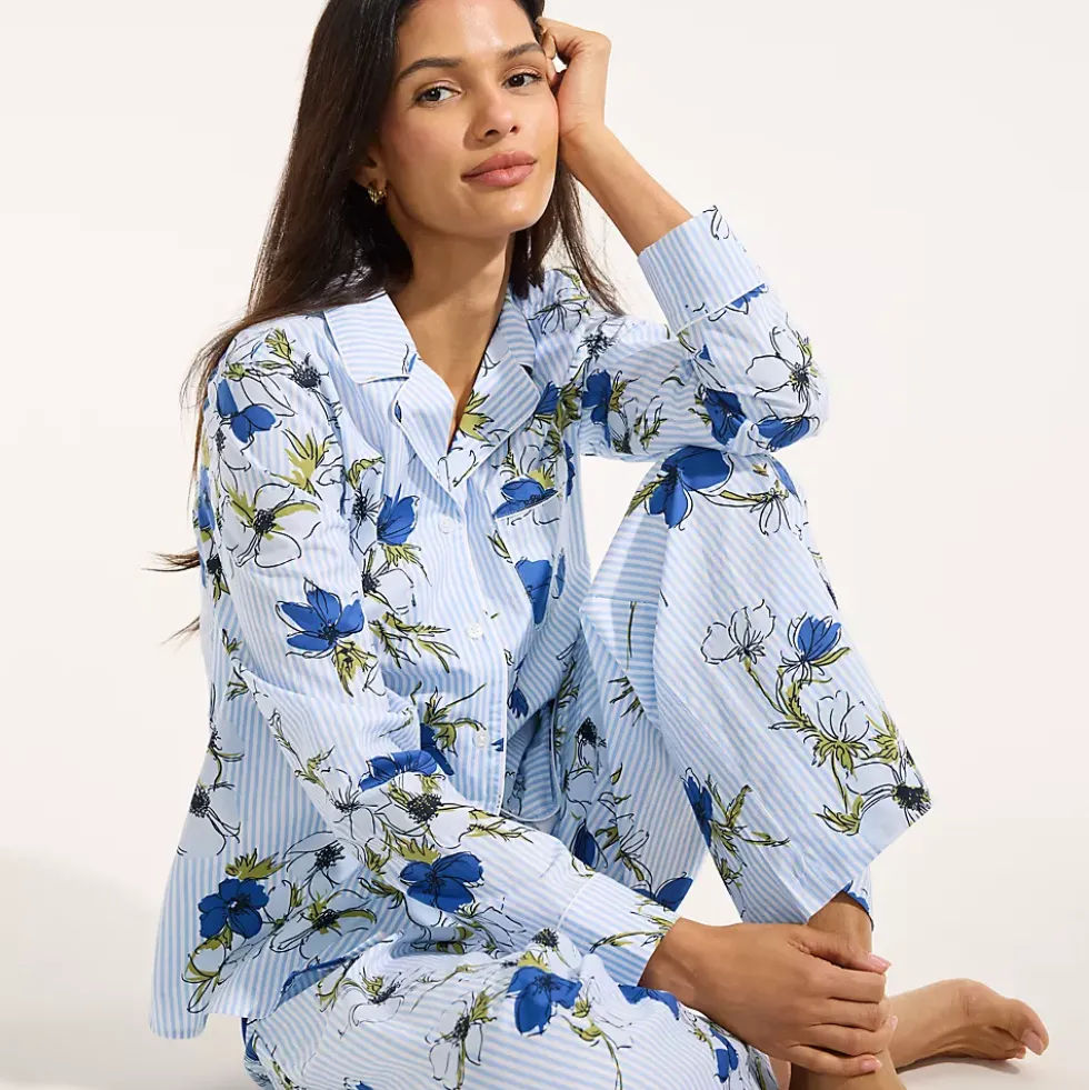 Women's Cotton Poplin 2 Piece Pajama Set - Long Sleeve Top and Pants
