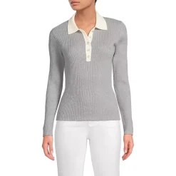 Women's Cotton Ribbed Long Sleeve Polo Sweater