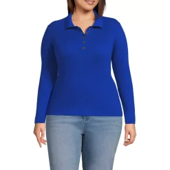 Women's Cotton Ribbed Long Sleeve Polo Sweater