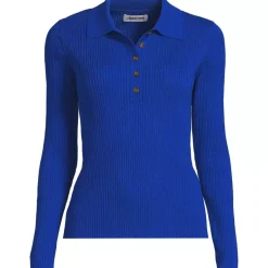 Women's Cotton Ribbed Long Sleeve Polo Sweater