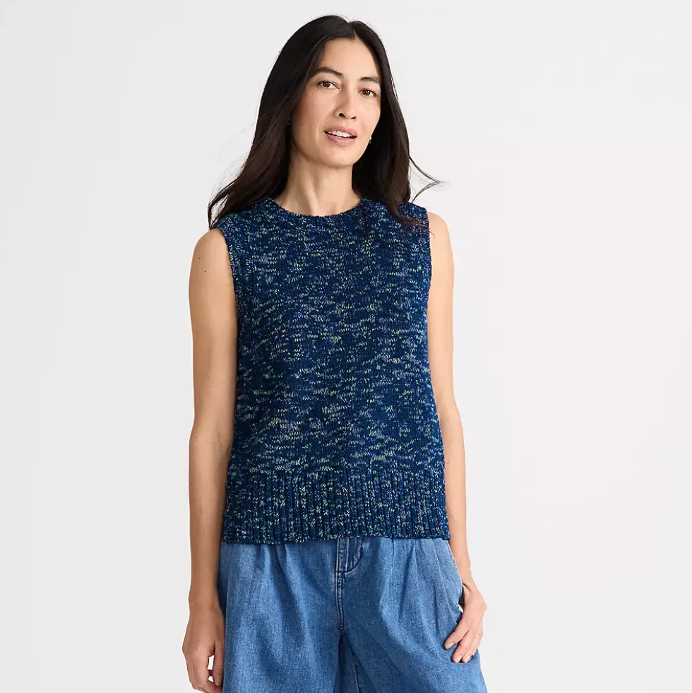 Women's Cotton Tweed Textured Crewneck Vest Sweater