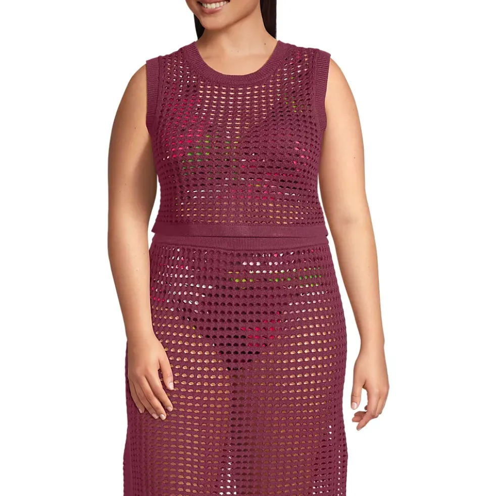 Women's Cotton Viscose Open Knit Sleeveless Scoop Neck Top Cover Up