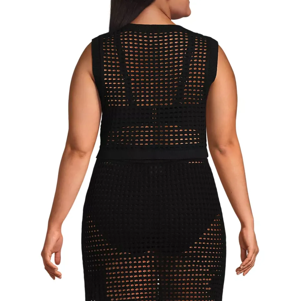 Women's Cotton Viscose Open Knit Sleeveless Scoop Neck Top Cover Up