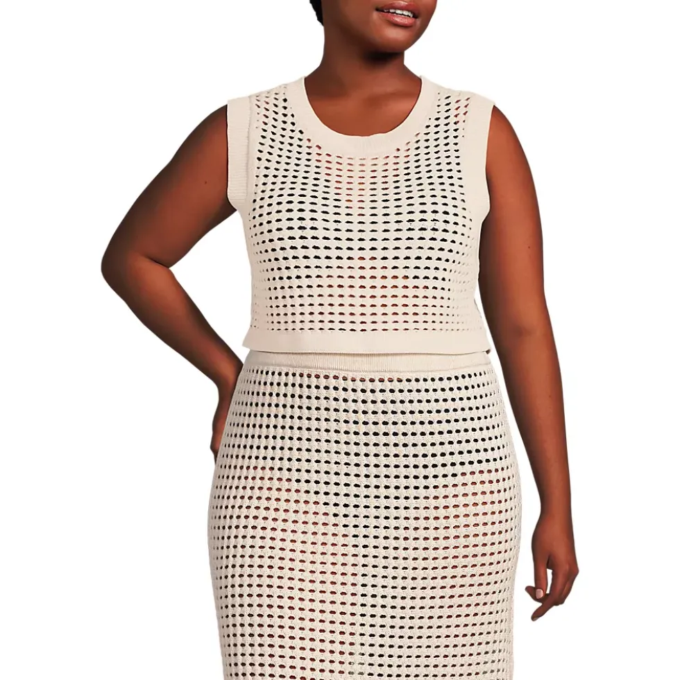 Women's Cotton Viscose Open Knit Sleeveless Scoop Neck Top Cover Up