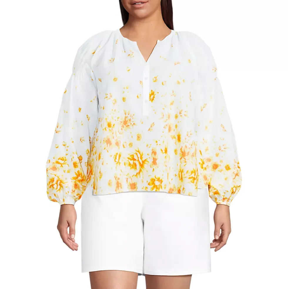 Women's Cotton Voile Long Sleeve Raglan Smocked Top