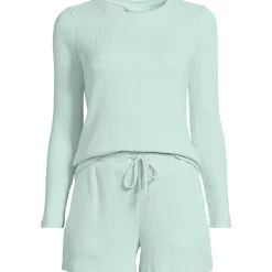 Women's Cozy Brushed Rib 2 Piece Pajama Set - Long Sleeve Top and Shorts