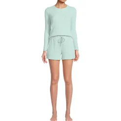 Women's Cozy Brushed Rib 2 Piece Pajama Set - Long Sleeve Top and Shorts