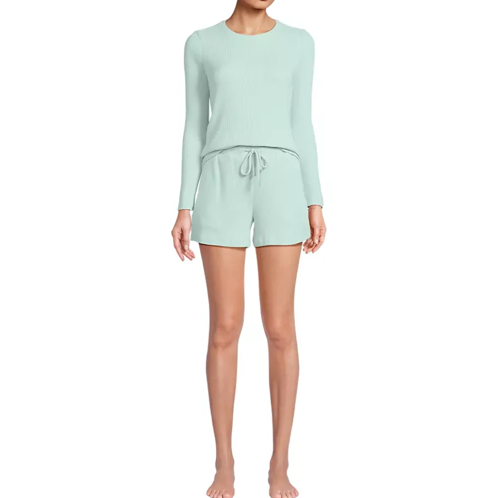 Women's Cozy Brushed Rib 2 Piece Pajama Set - Long Sleeve Top and Shorts
