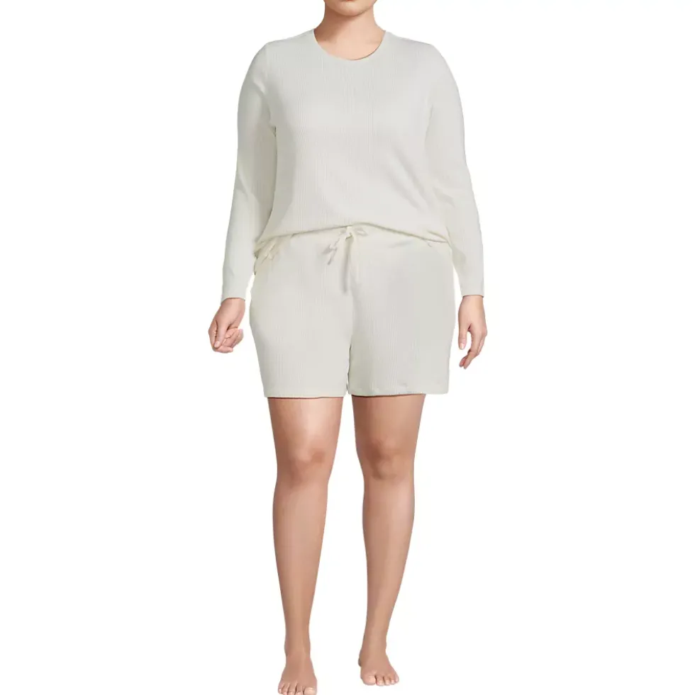 Women's Cozy Brushed Rib 2 Piece Pajama Set - Long Sleeve Top and Shorts