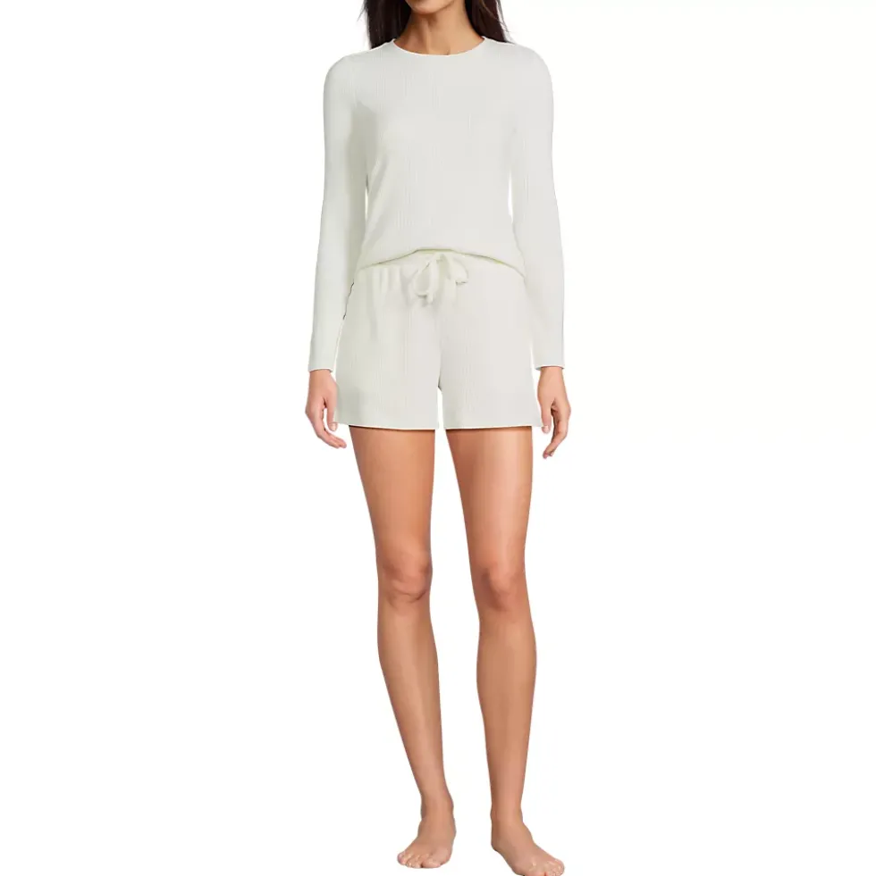 Women's Cozy Brushed Rib 2 Piece Pajama Set - Long Sleeve Top and Shorts