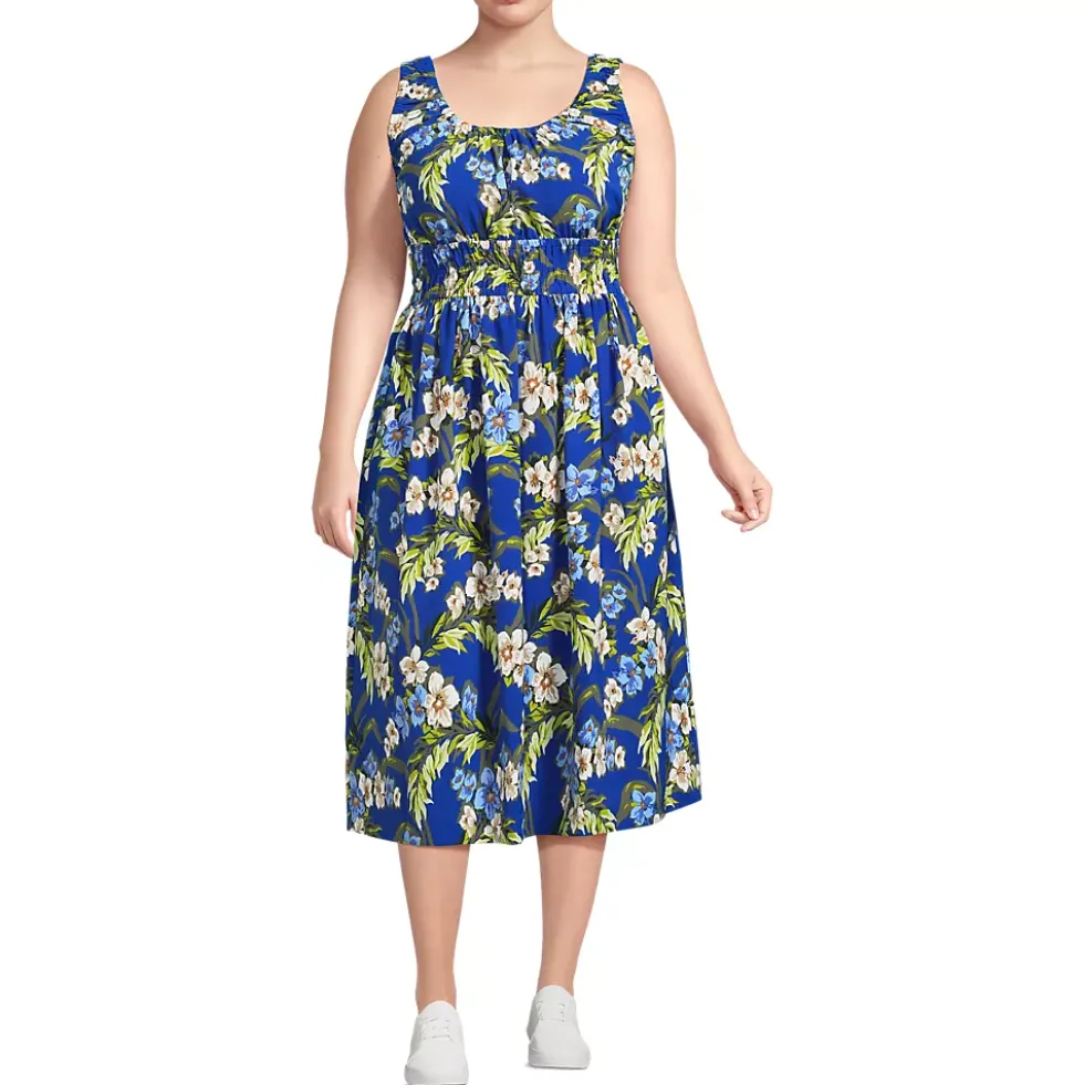Women's Creaseless Scoop Neck Smocked Midi Dress