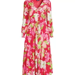 Women's Crepe Button Front Long Sleeve Midi Dress