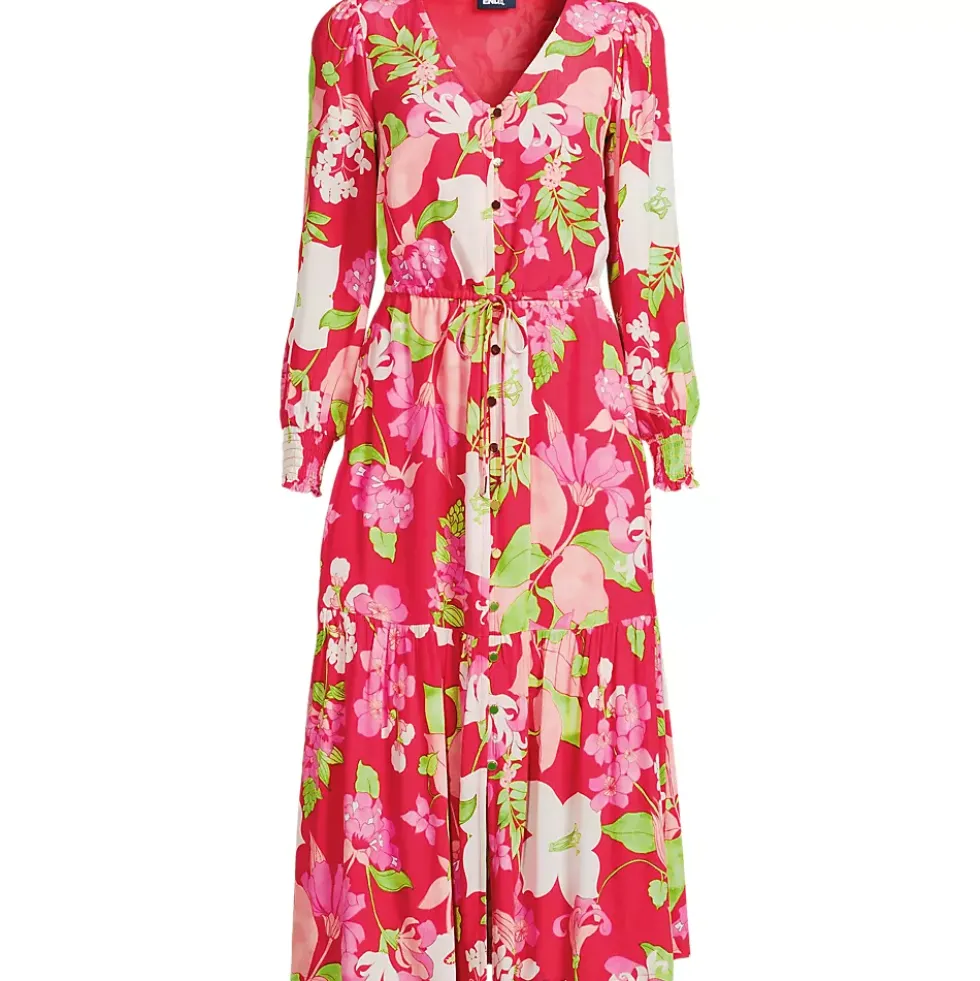 Women's Crepe Button Front Long Sleeve Midi Dress