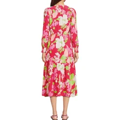 Women's Crepe Button Front Long Sleeve Midi Dress