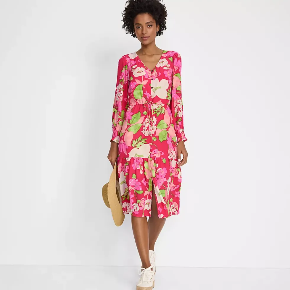Women's Crepe Button Front Long Sleeve Midi Dress