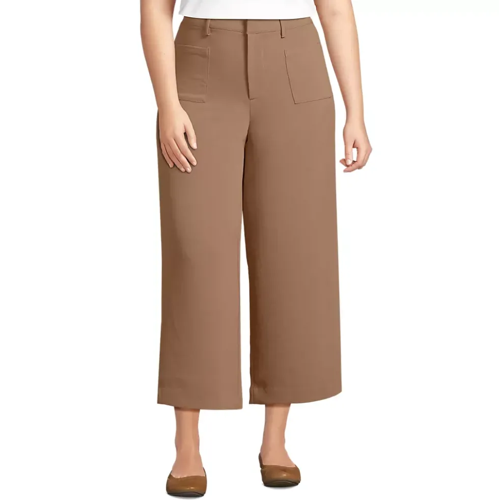 Women's Crepe High Rise Patch Pocket Wide Leg Crop Pants