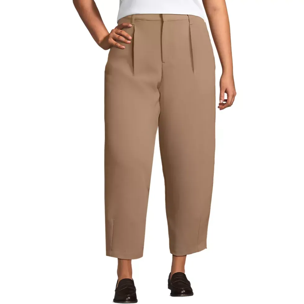 Women's Crepe High Rise Pleated Barrel Leg Ankle Pants
