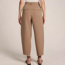 Women's Crepe High Rise Pleated Barrel Leg Ankle Pants