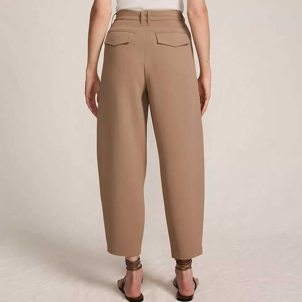 Women's Crepe High Rise Pleated Barrel Leg Ankle Pants