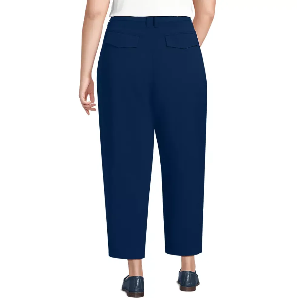Women's Crepe High Rise Pleated Barrel Leg Ankle Pants