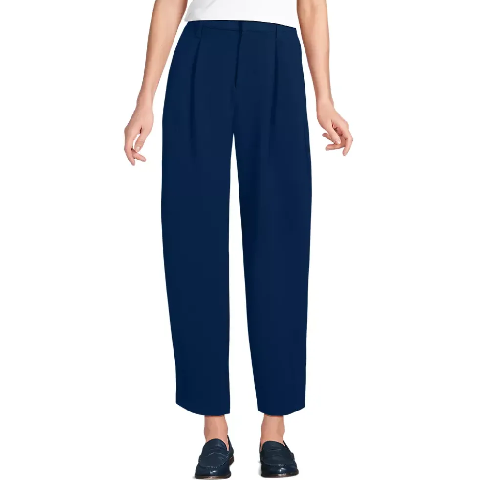 Women's Crepe High Rise Pleated Barrel Leg Ankle Pants