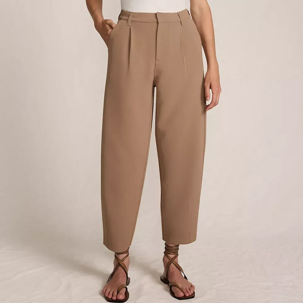 Women's Crepe High Rise Pleated Barrel Leg Ankle Pants