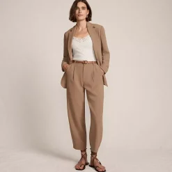 Women's Crepe High Rise Pleated Barrel Leg Ankle Pants