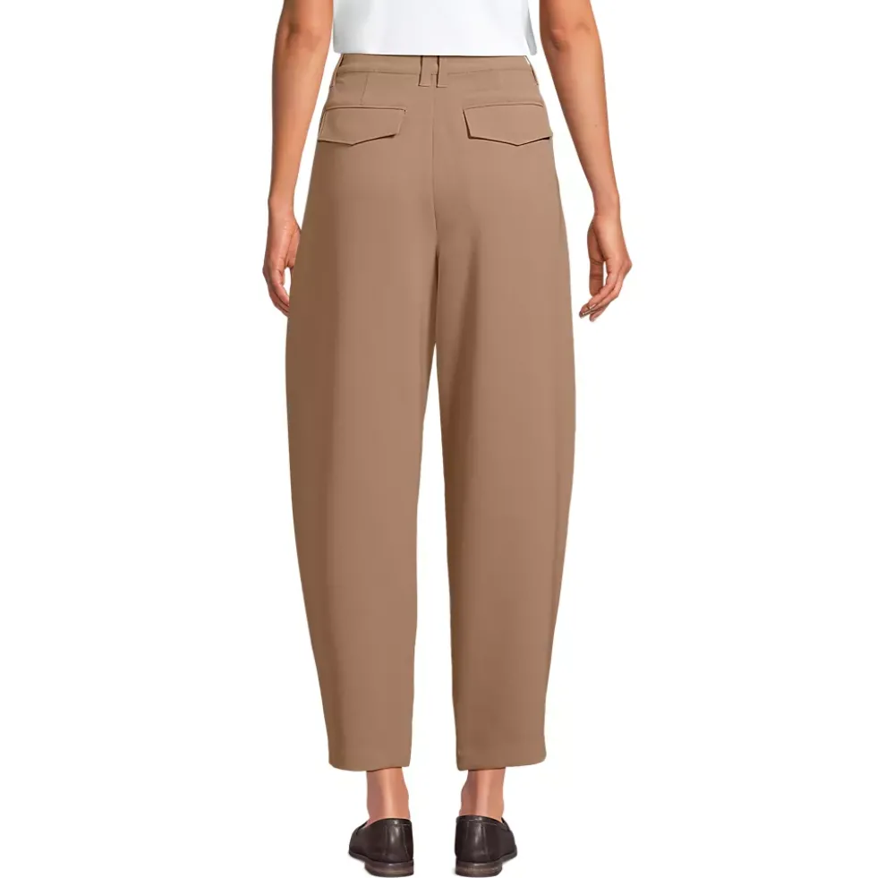 Women's Crepe High Rise Pleated Barrel Leg Ankle Pants