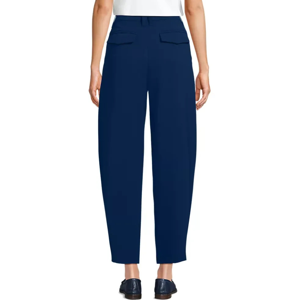 Women's Crepe High Rise Pleated Barrel Leg Ankle Pants