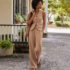 Women's Crepe High Rise Pleated Wide Leg Pants