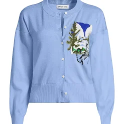 Women's Cropped Placed Jacquard Fine Gauge Crew Neck Cardigan Sweater