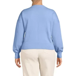 Women's Cropped Placed Jacquard Fine Gauge Crew Neck Cardigan Sweater